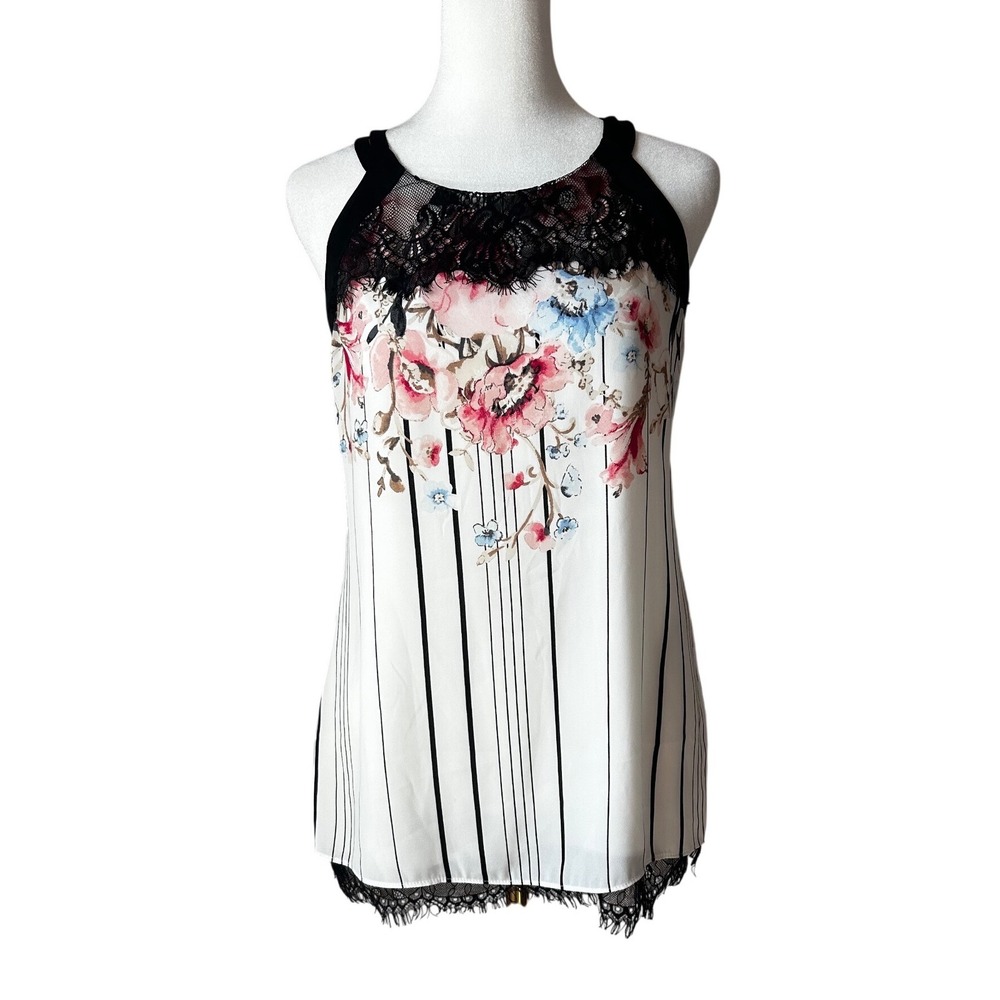 White House Black Market Floral Stripe Lace Trim Halter Tie Back Tank Top Size 0